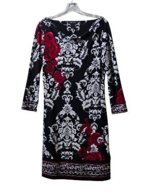 White House Black Market Sheath Dress Small Black Red Rose Floral Career Midi